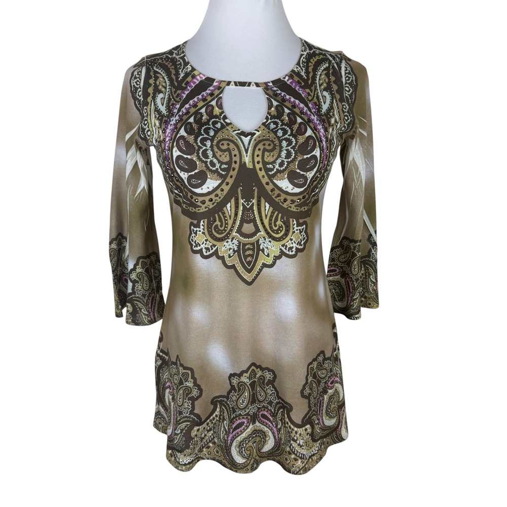 B.L.E.U. Women's Small Brown Paisley Keyhole Tunic Top Rhinestone 3/4 Sleeve USA